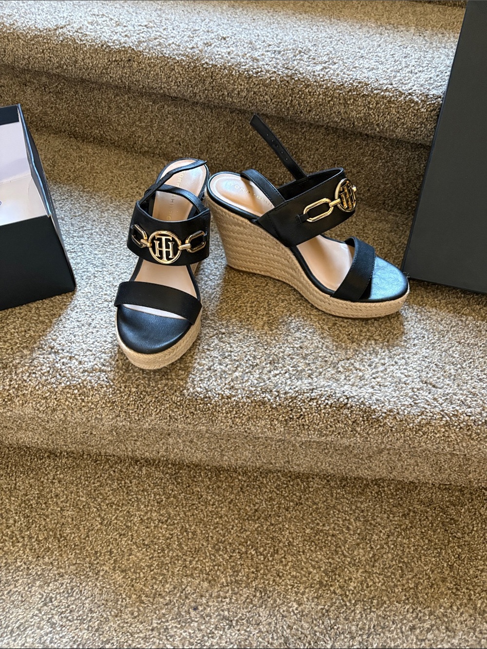 Tommy Hilfiger Black Espadrille Wedge Sandals with Gold Logo Accent